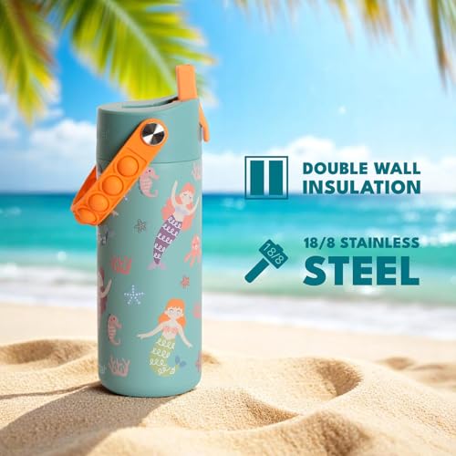 Elemental 100% Leak Proof When Spout is Closed Insulated Kids Water Bottle, Stainless Steel Bottle for School with Straw Lid & Pop-It Handle, Meowmaid & Mermaid Sisters -18oz (2 Pack) - color: Meowmaid & Mermaid Sisters