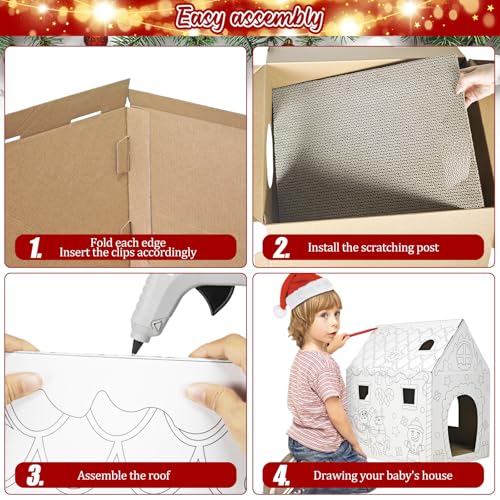 Cinrobiye Christmas Cardboard Cat House with Scratcher DIY Coloring Pet Gingerbread Board Bed Cave Playhouse Hideaway Hideout Condo Decor Animals Scratch Box for Indoor Cats Kittens Rabbits Bunny - color: White