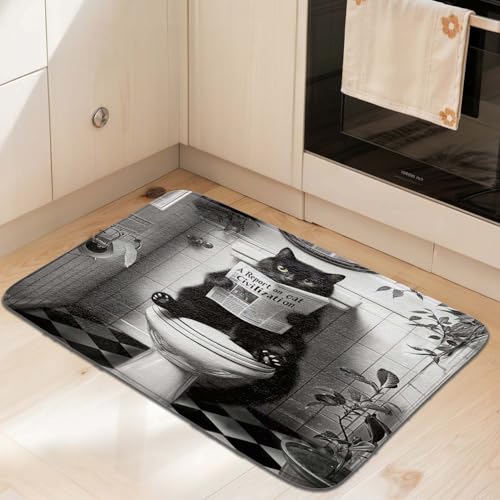 JAWO Funny Black Cat Bath Mats Rugs for Bathroom, Humorous Cat on Toilet Reading Newspaper, Black White Retro Animal Bathroom Decor, Washable Flannel Bath Shower Rug Non Slip 17X48 - color: Black, size: 17.00" X 48.00"