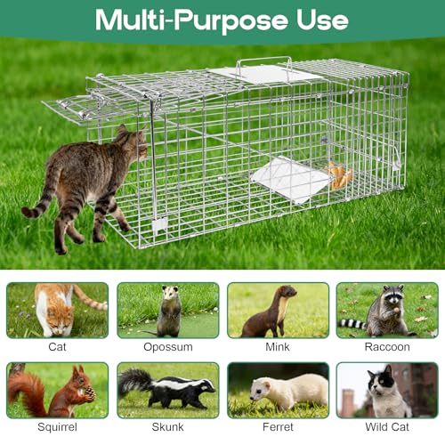 Humane Live Animal Trap Cage 32" × 13" × 11",Heavy-Duty Live Catch Cage for Raccoon, Squirrel, Stray Cats, Groundhogs, Armadillos, Opossums, Rabbits, Skunk, Mole, Small Wildlife Control - size: 32"×13"×11"