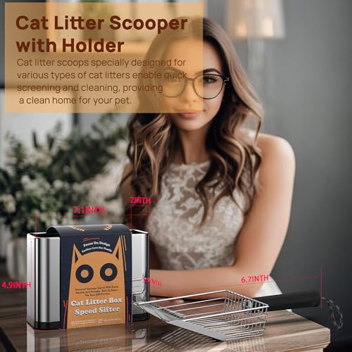 Heavy Duty Stainless Steel Cat Litter Scoop with Holder - Non-Slip Handle, Quick-Sifting Grid & Easy to Clean
