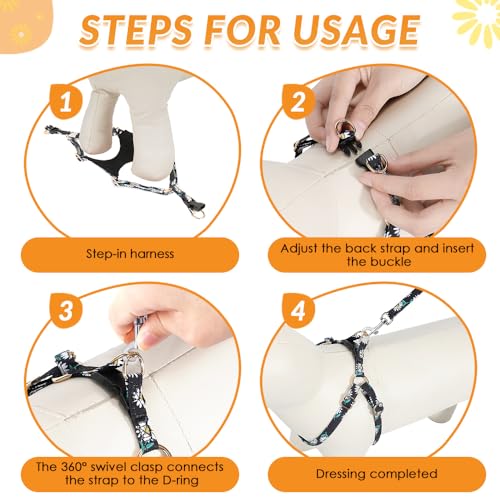 Lukovee Puppy Harness and Leash Set, No Pull, Lightweight Step in Vest | Adjustable, Soft Suede Vest, Easy Put on and off Pet Harness with Snap Buckle & 51in Leash for Small Medium Dogs (Black, XS) - color: ·Black Daisy, size: X-Small ( 5.5-11lb )
