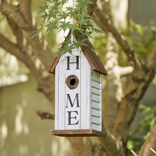 Glitzhome Decorative Bird Houses for Outdoors,14.75" H Distressed Bluebird House Solid Wood Hanging Bird House Home Inspiration Decorative Pet Cottage Outdoor Garden Birdhouse,Washed White - color: 14.75"H "HOME" Wash White