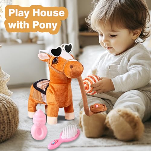Marsjoy Walking Pony Toy Musical Singing Dancing Plush Interactive Pony Walk Along Horse with Leash Plush Stuffed Animal Shaking Head Buttocks Toy for Boy & Girl Kid Ages 3+ H: 11.81" - color: Brown Pony