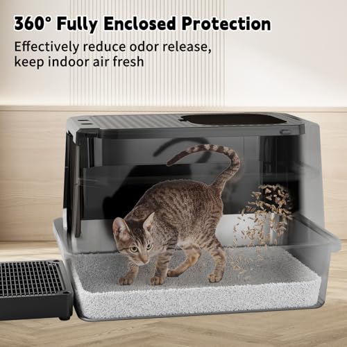 RIZZARI Stainless Steel Cat Litter Box with Dual Exit & Flip Top | Dual Entry Exit & Top / Stainless No Odor / Litter Catch Pedal / Enclosed or Open / Easy Clean Tool-Free / Cats & Apartments - color: Solid Black
