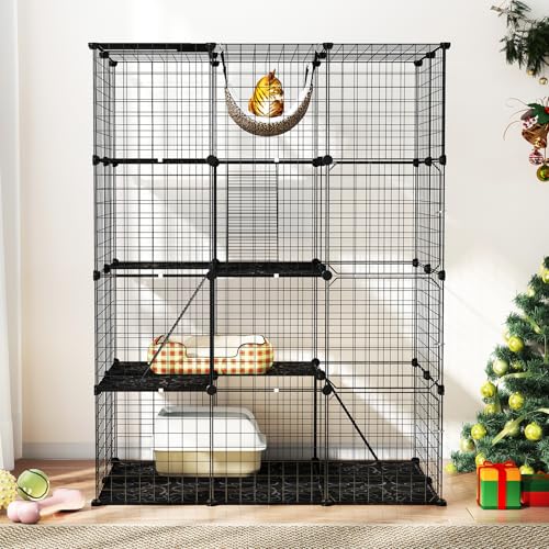 Tangkula Cat Cages Indoor, 56" Large 4-Tier Cat Enclosure with Skylight, Hammock, 3 Ladders, Detachable Metal Wire Kennel with 4 Lockable Doors, DIY Cat Crate & Pet Playpen Catio for 1-4 Cats - size: 43.0"L x 29.0"W x 56.0"H