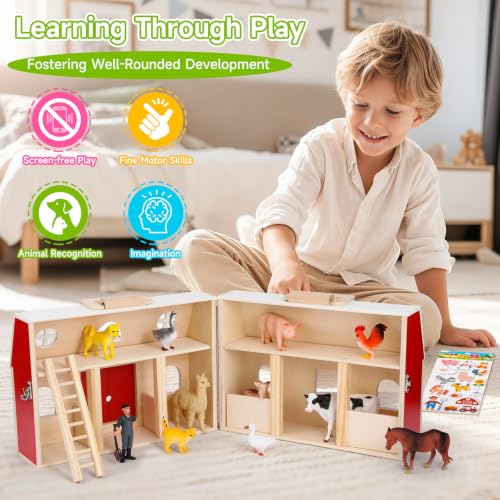 Wooden Barn Toy Set with Farm Animals, Portable Pretend Play Barn Playset for Kid 3+, Farm Animal Figures, Montessori STEM Educational Animal Playset for Kids Birthday