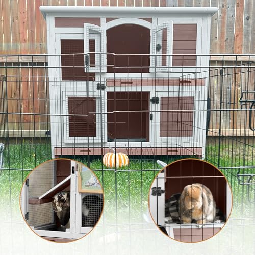Rabbit Hutch Indoor Bunny Cage Outdoor with Casters, Guinea Pig Cage for Small Animals, Bunny Hutch with Two Plastic Trays 47inch - color: #Brown-Large