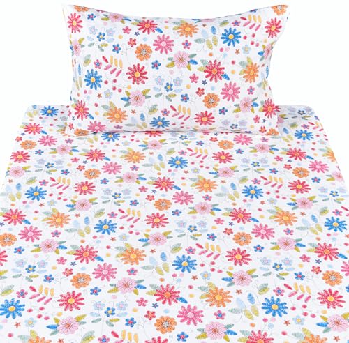 Scientific Sleep Kids Hand Sketch Flower Leaves Pastoral Garden Cute 100% Cotton 3 Pcs Twin Bed Sheet Set Kids Girls Teen, Flat Sheet & Fitted Sheet & Pillowcase Girls Room Decro Bedding Set - color: Colorful Flower, size: Twin