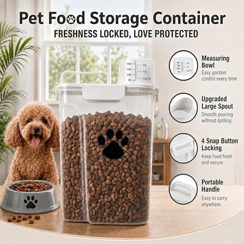 5-7Lbs Dog Storage Container with cleaning brush and Measuring Cup | Airtight Portable Pet Food Containers with Upgraded Large Spout and Cup for Dogs,Cats,Birds,2 Packs（3L+5L） White - color: 6QT+3QT-White