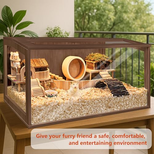 PROLEE Hamster Cage with Chewproof Wood Top, Guinea Pig Cages, Hamster Habitat with Clear Acrylic Sheets Solid Built, Small Animal Cage (Walnut, 48X19.5X19.5 inch) - color: Walnut, size: 48.0"L x 19.5"W x 19.5"H