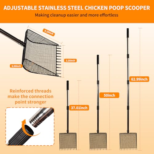 Chicken Poop Scooper & Rake 2-in-1 Metal Coop Shovel,Adjustable Stainless Steel Handle,Cleaning Tools for Chicken Coops & Farm Animals Scoop for Litter Scooper Sand Sifting Shovel Chicken Coops