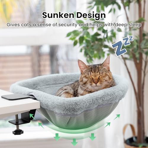 Cat Desk Bed - One-Click Folding,Sunken Design & Space-Saving Semi-Circular Cat Bed, Soft Faux Rabbit Fur Material, Suitable for Various Desktops-Maximum Hold Up to 40lb | Sunken Design & Space-Saving Semi-Circular Cat Bed, Soft Faux Rabbit Fur Material,