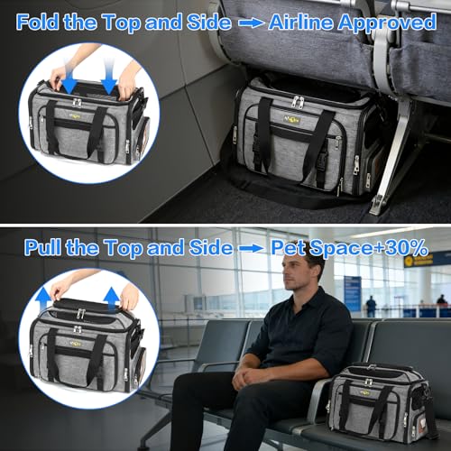 Airline Approved Travel Soft Carrier for Small cat/Dog/pet | Collapsible with Expandable Top and Sides. Kitten Mesh Puppy Carry Bag,18x11x11Delta/ United/American Airlines - color: grey