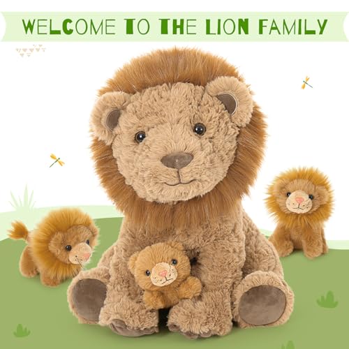 Lion Stuffed Animal with 3 Babies, 17.7" Wild Animal Plush Toys | 4Pcs Mother and Baby Lion Plushies; Zipper Belly Hide-and-Seek; Safari Pretend Play; Birthday & Christmas Gift for Kids - style: Lion