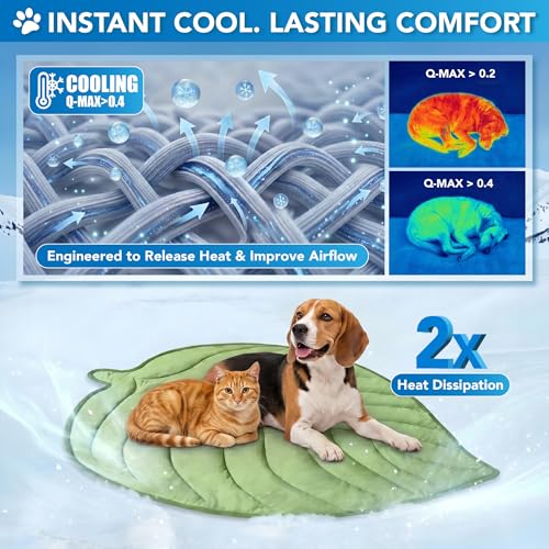 PetAmi Dog Cooling Mat, Leaf Shape, Pet Pad with Cooling Nylon & Soft Fleece, Q-Max > 0.4 Reversible All Season Blanket for Dogs & Cats, Medium 42x48 in, Sage Green - color: Sage Green, size: Medium