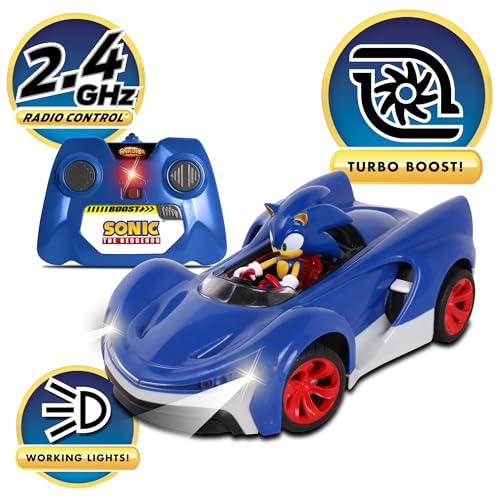 NKOK Sonic the Hedgehog RC Car 2.4GHz with Turbo Boost, Ages 6+ | Team Sonic Racing 601 radio control car - working lights, rubber tires, adjustable front wheel alignment, officially licensed - color: Blue