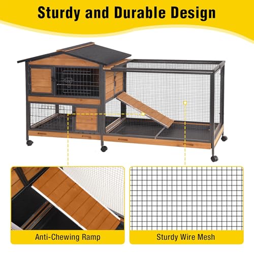 Aivituvin Rabbit Hutch Indoor 2 Story Bunny Cage Outdoor Guinea Pig Cage with Caster Wheels Chicken Coop with Run, 3 Pull Out Tray (Black&Wood) - color: Black&Wood