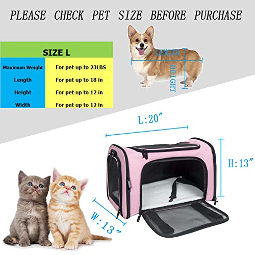 Soft Sided Carrier for Small Medium Cats Dogs,Removable Pad Collapsible Travel Pet Carrier Large Pink - color: Pink, size: 20.0"L x 13.0"W x 13.0"H