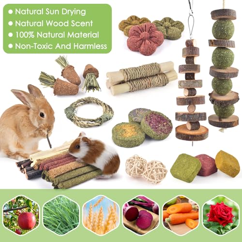 ERKOON 70PCS Rabbit Chew Toys, Natural Timothy Grass Cakes Guinea Pig Toys, Small Animal Teeth Grinding Treats for Bunny Hamster Chinchilla, Safe Dental Care Snacks - size: 70
