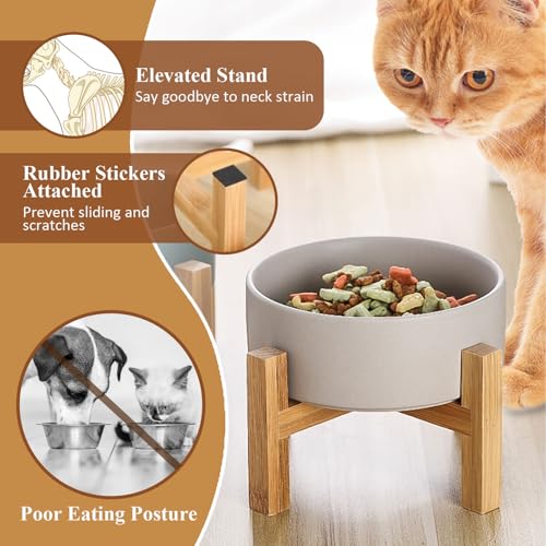 Elevated Ceramic Cat Bowl - Cat Food Bowl with Bamboo Stand - Raised Dog Dish for Puppies - Anti Vomiting, Stress Free - 13.5 oz / 400 ml - Grey - color: Grey, size: Small