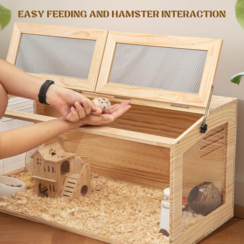 Hamster Cage 32" Chewproof Wooden, 270° View Acrylic Pet Habitat | Panoramic Large Habitat, Bite-Proof Mesh & Top Dual Access Doors, for Syrian/Dwarf Hamsters, Guinea Pigs, Chinchillas - size: 16.0"L x 16.0"W x 32.0"H
