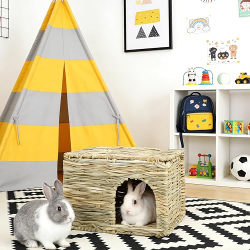 2 Pack 12"×8.5"×8" Foldable Grass Bunny House Straw Hideaway Hut | Double Opening Hay Bed Toy for Rabbits, Guinea Pigs, Hamsters, Chinchillas and Small Pets