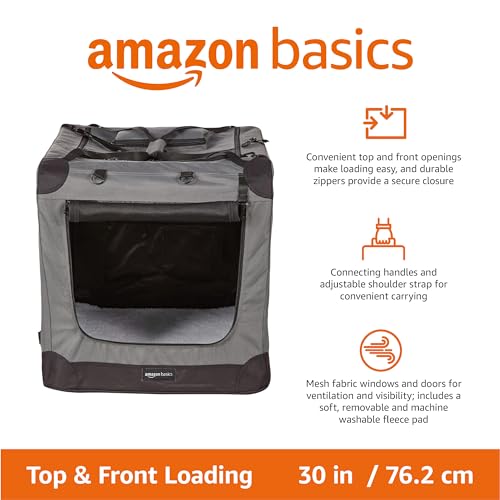 Amazon Basics Folding Portable Soft Pet Dog Crate Carrier Kennel with Fleece Pad, 30 x 21 x 21 inches, Grey - color: GREY, size: 30.0"L x 21.0"W x 21.0"H