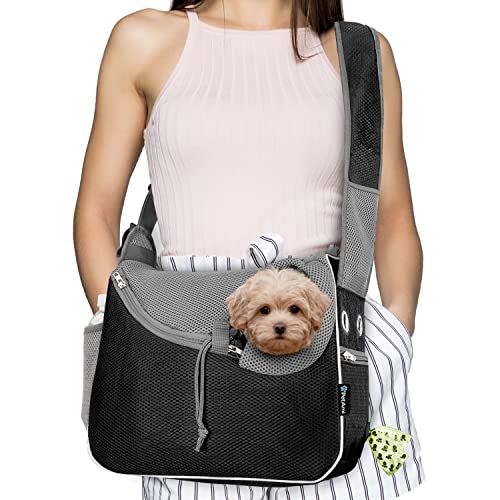 PetAmi Dog Sling Carrier for Small Dog, Hands Free Crossbody Carrier, Black | Under 10 lbs, Puppy Cat Pet Travel Gift, Breathable Mesh, Padded Strap, Removable Sherpa Bed, Pockets & Poop Bag Dispenser - color: Black