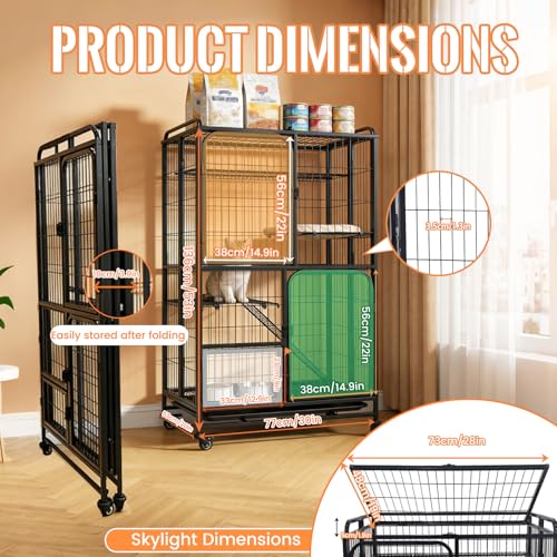 Multi-Tier Collapsible Cat Cage Crate, Metal Wire Cat Enclosures for Indoor | Cat playpen with 360° Wheels and Secure Lock,Large Ferret Kennel for Adult Cats Kitten Chinchilla (Black 4-Tier)