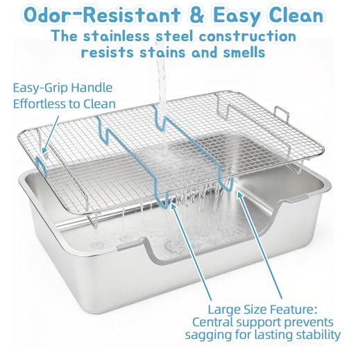 BWOGUE Extra Large Stainless Steel Rabbit Litter Box, Bunny Litter Box Pan | Large Rabbit Litter Box, Steel Grid with Sifting Tray, Low Entry Potty Pan, Easy to Clean, Helps Control Odor, Rabbits - size: XL:23.6in ×15.7in × 5.9inches