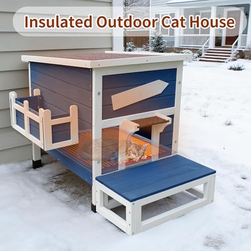 Rockever Large Outdoor Cat House with Heating Pad, Wooden Feral Cat Shelter | Weatherproof blue wooden shelter with escape door for feral cats, offering a spacious, warm and secure refuge for outdoor use