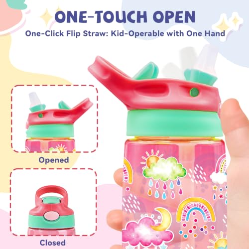 Kids Plastic Water Bottle - Rainbow Water Bottle for Kids, 14oz Plastic Water Bottles with Straw Lid, Leakproof BPA-Free Rainbow Water Bottles for Home Sports Travel, Pop-Up Straw Cover, Pink - color: Rainbow