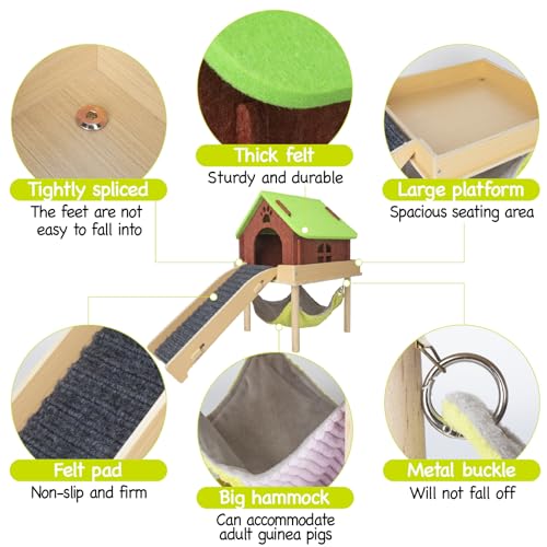 BESNEW 3 in 1 Enlarged Guinea Pig Hammock,Wooden Guinea Pig Hideout with House & Platform & Stairs Small Animal Toys for Hiding Sleeping Activities - color: Green Roof