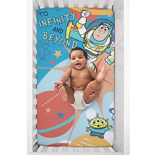 Disney Toy Story Buzz Lightyear Blue and Orange Blast Off to Infiniti and Beyond 100% Cotton Photo Op Fitted Crib Sheet - color: Toy Story - Blast Off