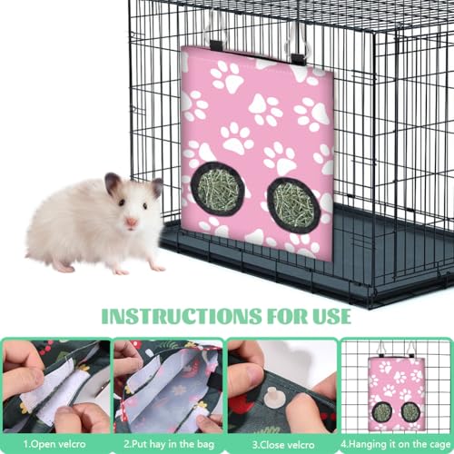 2Pcs 2 Styles Hay Feeder Bag for Rabbits Guinea Pigs Chinchillas 11.6 x 9 Inch Bunny Hay Feeder with 2 Holes Pink Black Paw Print Cloth Washable Hanging Pet Feeding Storage Cage Accessories - color: Paw Print