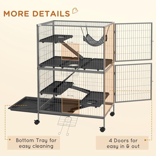 PawHut Metal Small Animal Cage, 5-Tiers Rolling Big Ferret Cage, Gray | with Hammock, Removable Tray, for Chinchilla, Sugar Glider - color: Grey, size: 31.5"L x 20.5"W x 50.5"H