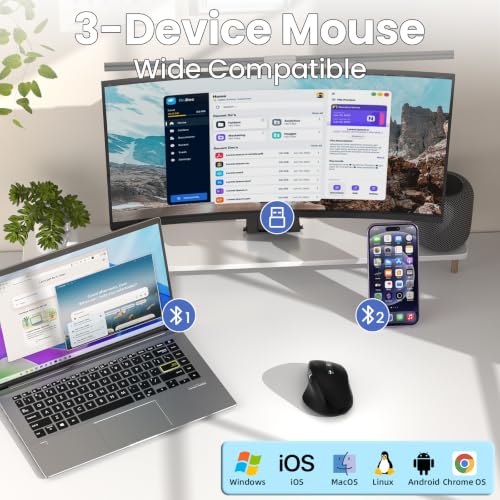 INFINMIND Wireless Bluetooth Side Scroll Mouse with Multi-Device, Ergonomic Computer Mice with Smart Flying Scroll, Quiet Click 4-Level DPI for Computer, Laptop, iPad, Tablet, MacBook (Black) - color: Black