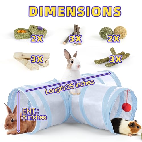 Bunny Tunnels & Tubes Collapsible 3 Way Rabbit Hideout with 13pcs Toys for Bunny Guinea Pig Hamster Chinchilla Hedgehog Rat Ferret Kitten (GY&BU) - color: GY&BU