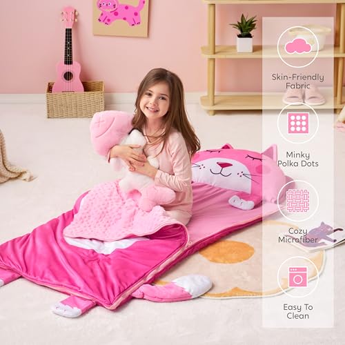 JOIEDOMI Kids Sleeping Bag 4 5 6 Year Old Girl Gifts Toddler Nap Mat with Pillow & Blanket 60" x 27" for Kids Ages 3+ Soft Plush Sleeping Mat for Preschool and Boys Girls - color: Pink Cat