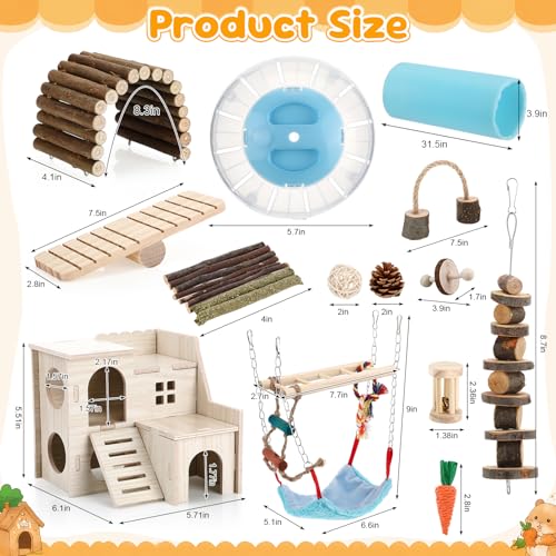 Foilswirl 17 Pcs Hamster Cage Accessory Set, Hamster Toys with Wooden House, Tunnel, Bridge, Natural Chew Toys, Playground Kit for Hamsters, Gerbils, Small Animals