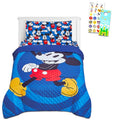 Disney Mickey Mouse Twin Bedding Set - Bundle with Bedspread, Flat Sheet, Fitted Sheet, Pillowcase Plus Stickers, More | Mickey Mouse Bedroom Decor