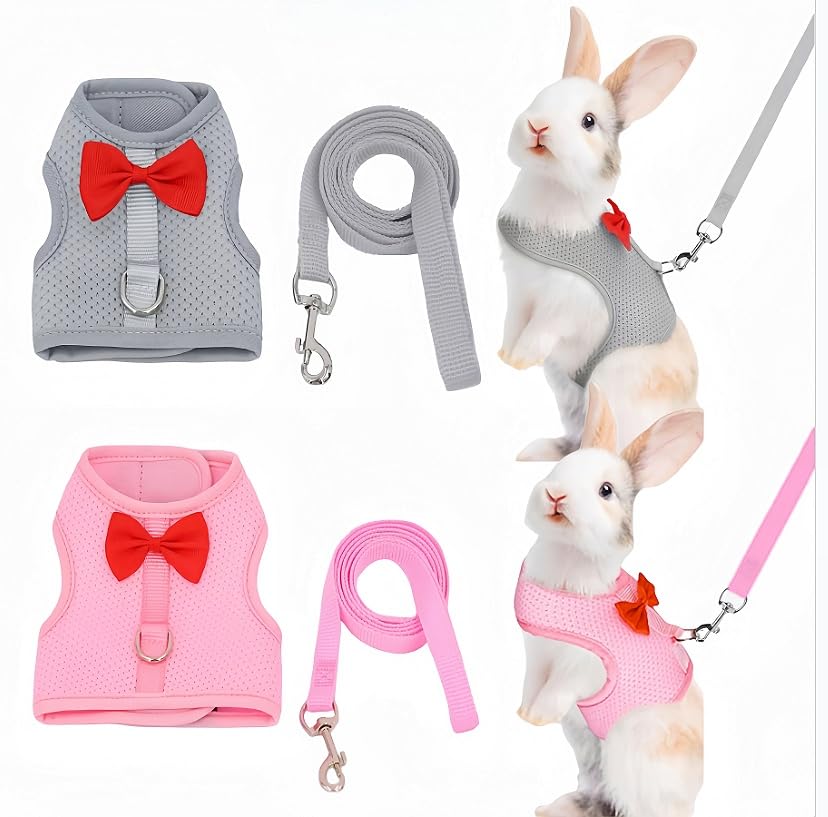 2 Pack Adjustable Bunny Rabbit Harness and Leash Set Breathable Mesh Vest Harness for Rabbits Kitten Ferret Puppy Small Pets Walking Supplies-Grey&Pink,L