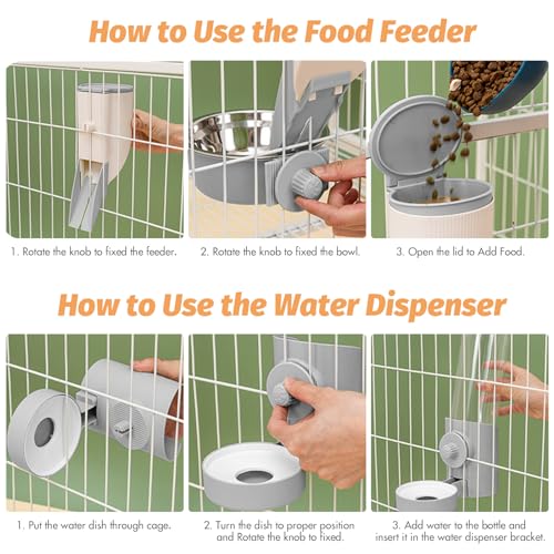 Yummy Sam Hanging Cage Automatic Small Pet Food Bowl Water Bottle Dispenser, Kennel 500ML Waterer and Auto Gravity Pet Feeder Set with Separate Food Bowl Crate Feeder Dish for Puppy Cats Rabbit (Grey) - color: Grey White