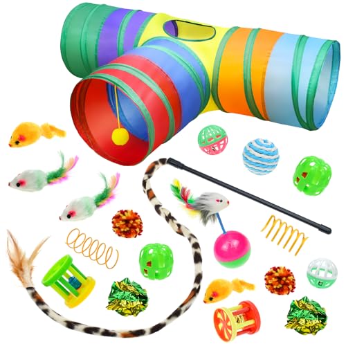 Malier Cat Toys Kitten Toys Set, Collapsible Cat Tunnels for Indoor Cats, Interactive Kitty Toys Cat Feather Toy Fluffy Mouse Crinkle Balls 3 Way Tube Tunnel Toys for Puppy Kitty Kitten - color: Rainbow