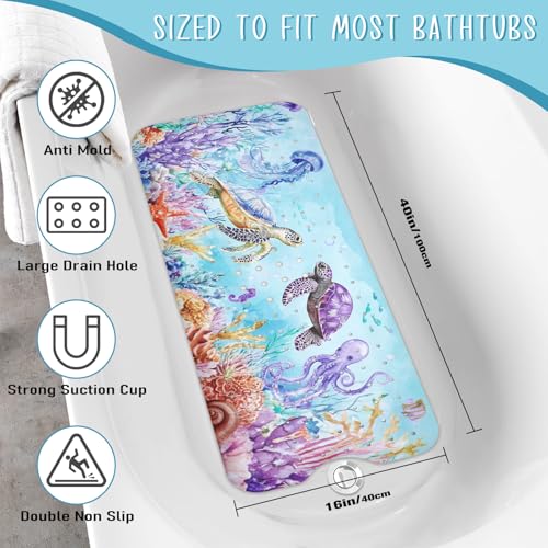 Ocean Animals Bathtub Mat Non Slip, Sea Turtle Baby Bath Mat for Tub Rubber Tub Mat, Cute Toddler Kids Bath Mats for Bathroom Anti Slip Shower Mat with Suction and Drain Holes Machine Washable,40″x16″ - color: D05, size: 40" x 16" (Rectangular)