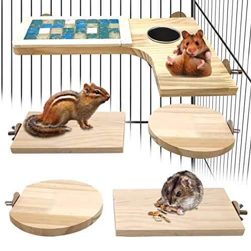 BNOSDM Wooden Hamster Cage Platform Set Wood Chinchilla Ledges and Platforms Rectangle L-Shaped Round Cage Accessories with Cooling Standing Board&Food Cup for Mouse Squirrel Gerbil Guinea Pig