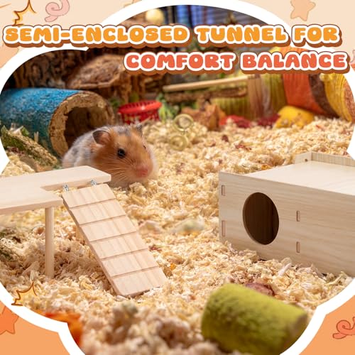 2 Pcs Natural Wooden Hamster Platform & Multi-Chamber Hideout, Flip-top Labyrinth Tunnel Cage Accessories for Syrian Dwarf Hamsters, Gerbils, Mice, Stress Relief Small Animal Habitat Decor