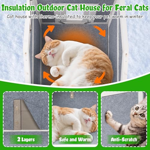 Insulated Outdoor Cat House Weatherproof Feral Cat Shelter for Winter Outside Cat Houses for 1-2 Cats Indoor Pets Condo with Waterproof Roof & Escape Door, 6.3" Raised Base & Balcony - style: 30"L Insulated Small Cathouse