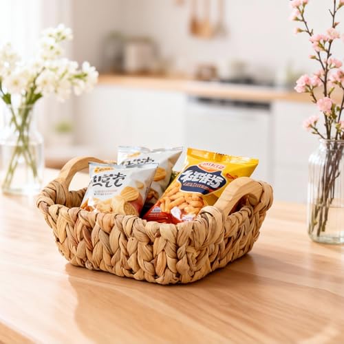 Square Small Water Hyacinth Wicker Basket for Organizing | Decor Woven Storage with Wooden Handles, Perfect for Shelves, Snack, Countertops or as Gift Basket
